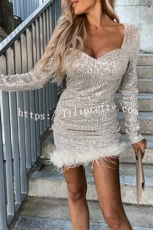 Betty Sequin Feather Long Sleeve Mini Dress
