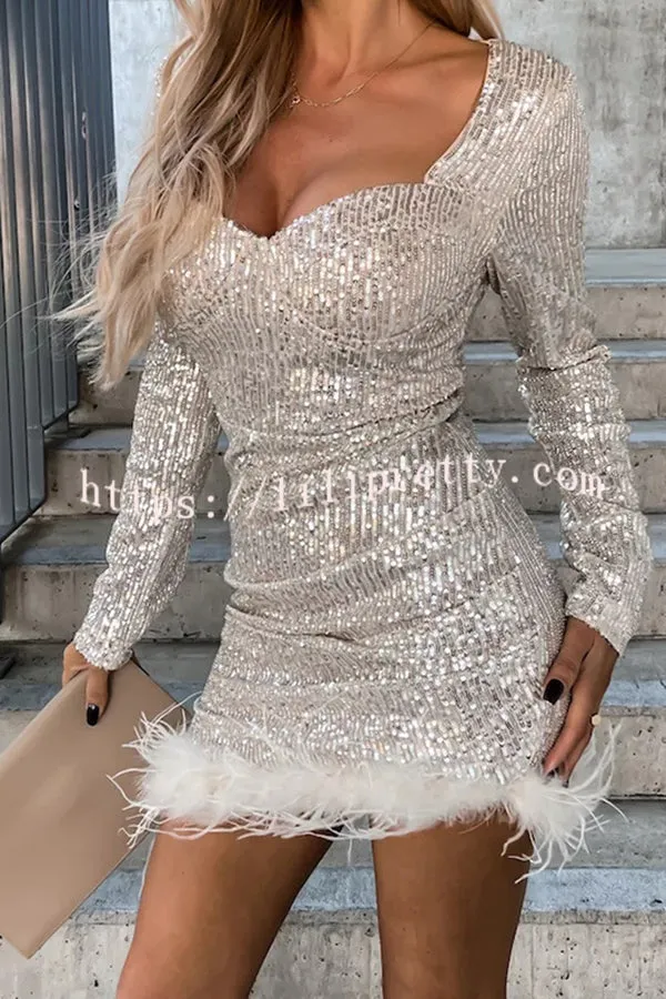 Betty Sequin Feather Long Sleeve Mini Dress