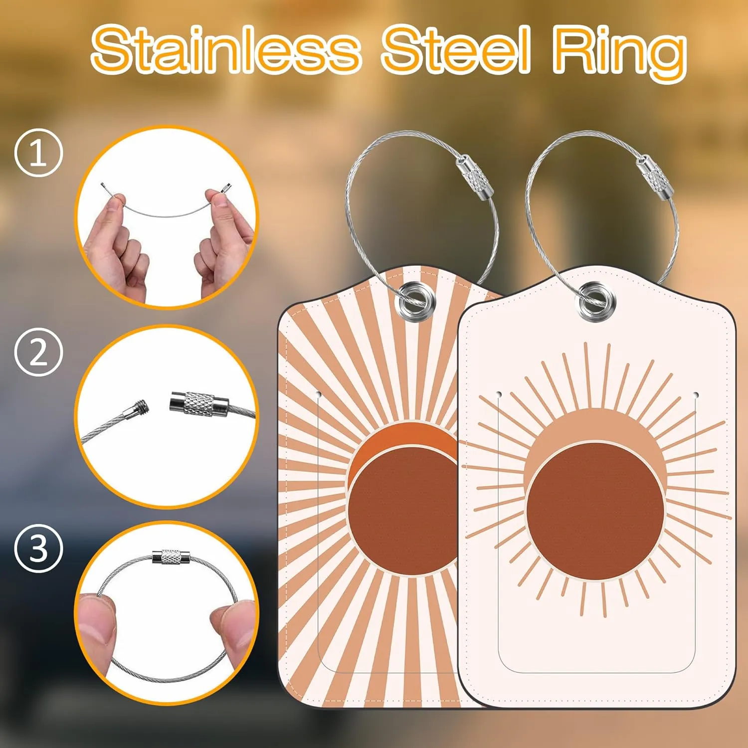 Boho Abstract Sun Luggage Tag for Suitcase 2 Pack Leather Luggage Tag with Privacy Flap Name ID Label and Metal Loop for Women Men Travel