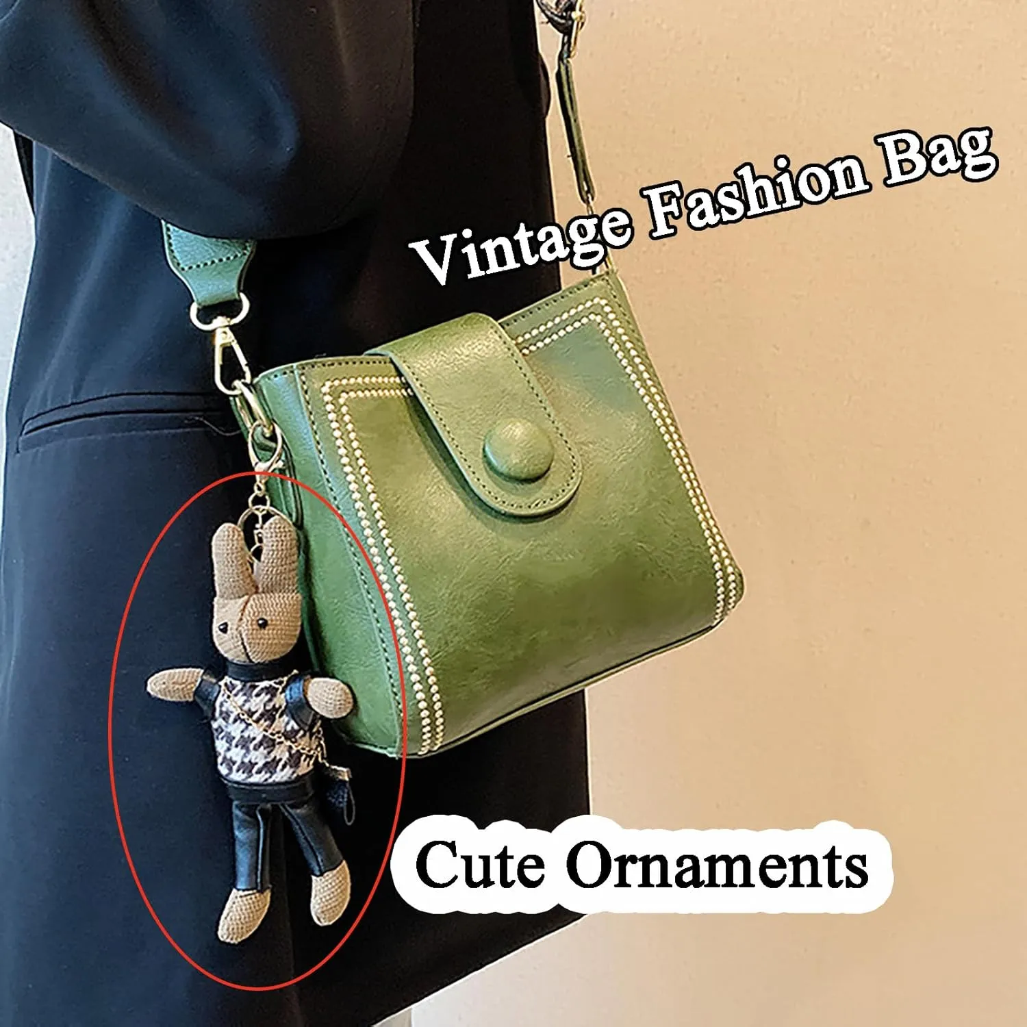 Bootara Women's Vintage Bunny Charm Bucket Bag  Convertible Shoulder/Crossbody, Spacious Travel Tote