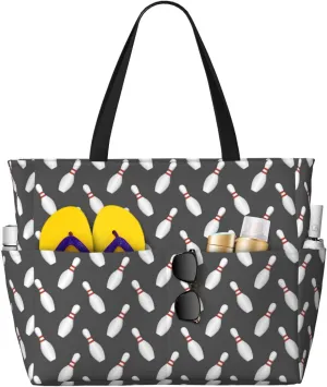 Bowling Pins Large Beach Bag Waterproof Sandproof Swim Tote Pool Bag For Women With Zipper