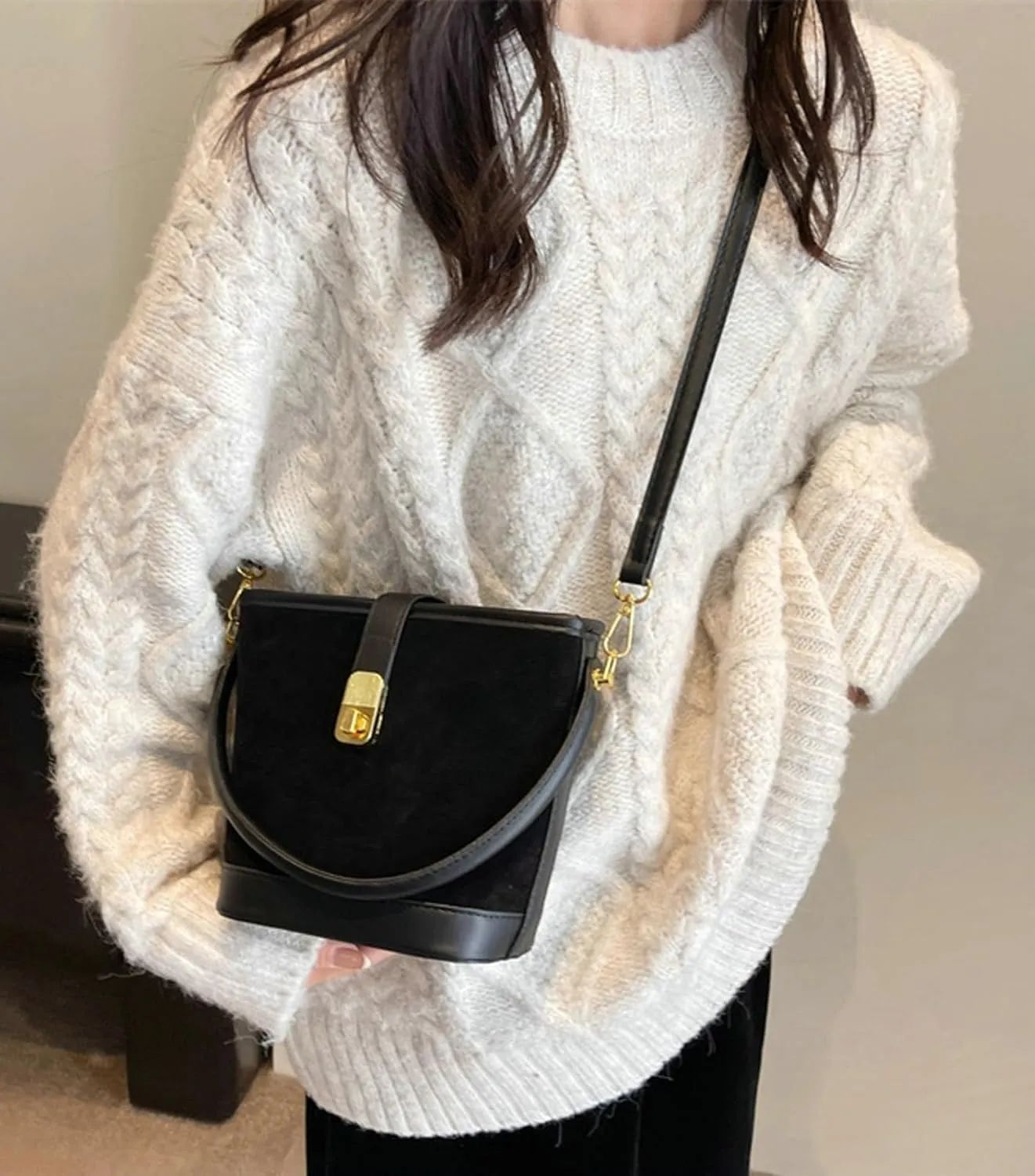 Brown Suede Buckle Bags for Women Small Bucket Purse Trendy Suede Shoulder Bag Suede Crossbody Purse