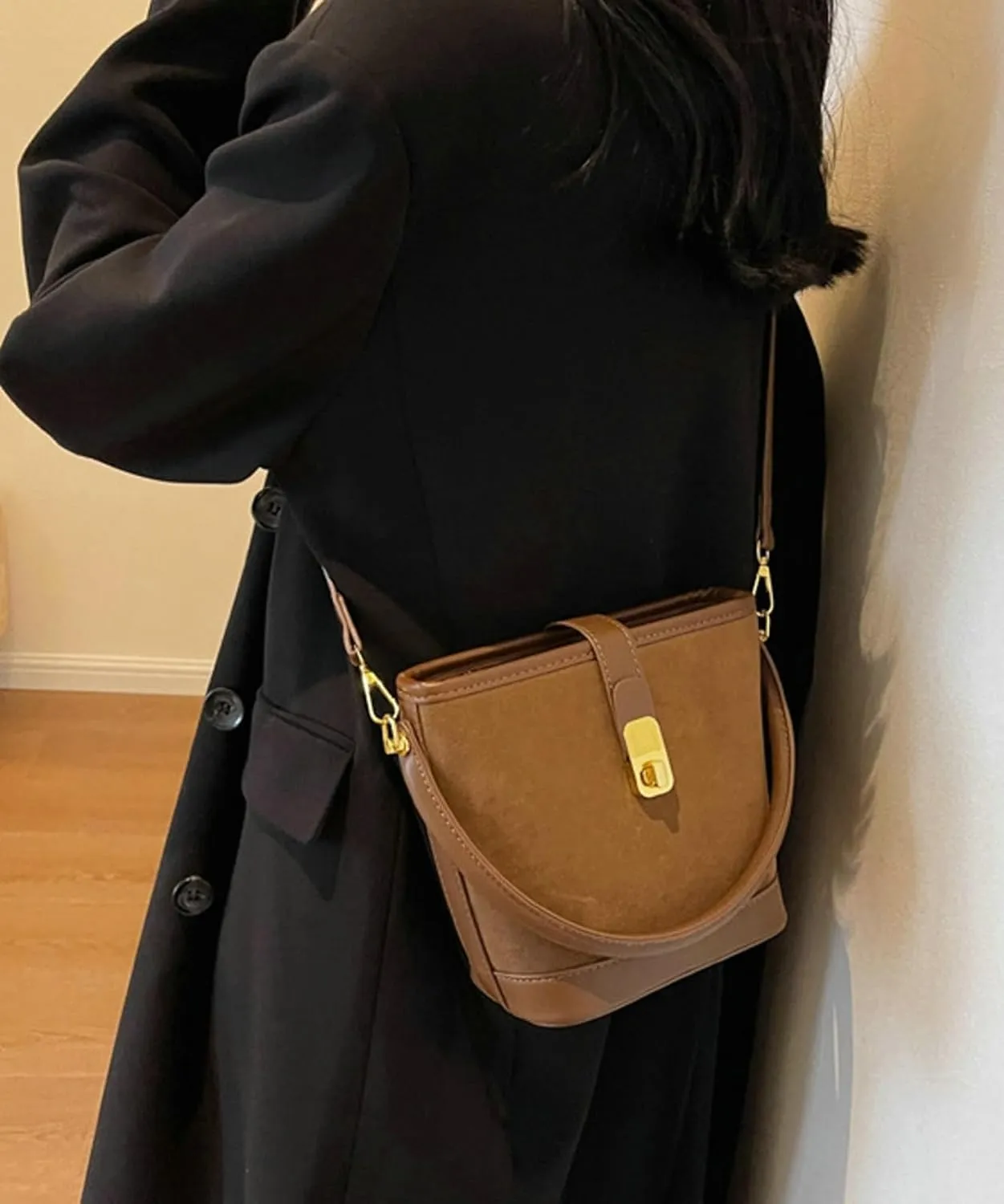 Brown Suede Buckle Bags for Women Small Bucket Purse Trendy Suede Shoulder Bag Suede Crossbody Purse