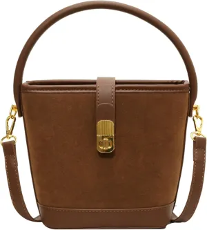 Brown Suede Buckle Bags for Women Small Bucket Purse Trendy Suede Shoulder Bag Suede Crossbody Purse
