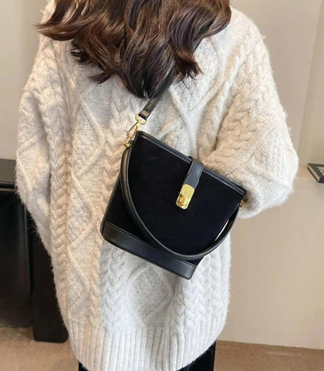 Brown Suede Buckle Bags for Women Small Bucket Purse Trendy Suede Shoulder Bag Suede Crossbody Purse