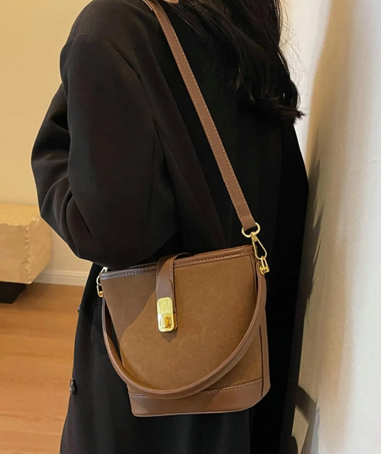 Brown Suede Buckle Bags for Women Small Bucket Purse Trendy Suede Shoulder Bag Suede Crossbody Purse