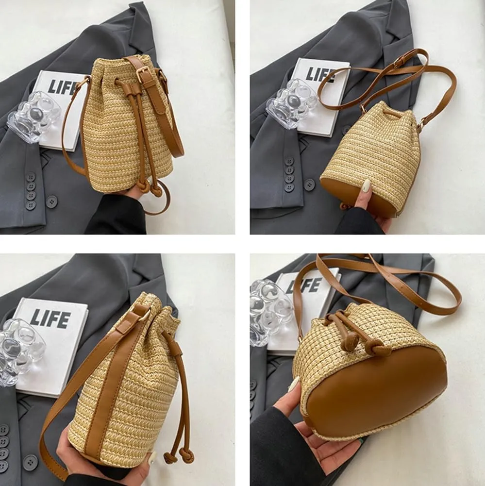Bucket Bag for Women Woven Straw Shoulder Crossbody Bag 2025 Summer Chic Hobo Handbag Clutch Purse