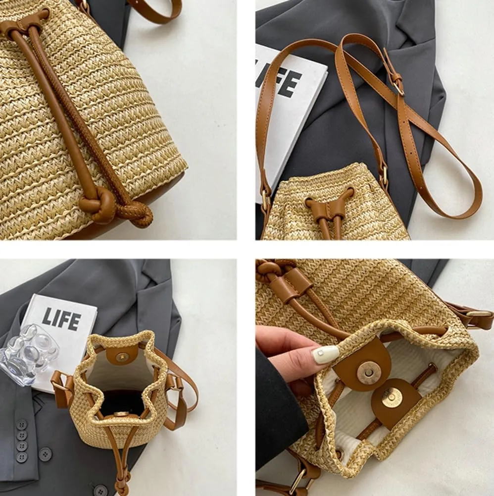 Bucket Bag for Women Woven Straw Shoulder Crossbody Bag 2025 Summer Chic Hobo Handbag Clutch Purse