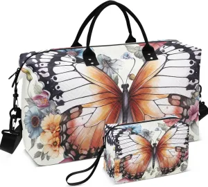 Butterfly Flowers Travel Duffle Bags Makeup Pouch Set of 2, Print Small Duffel Bag Overnight Hospital Bag