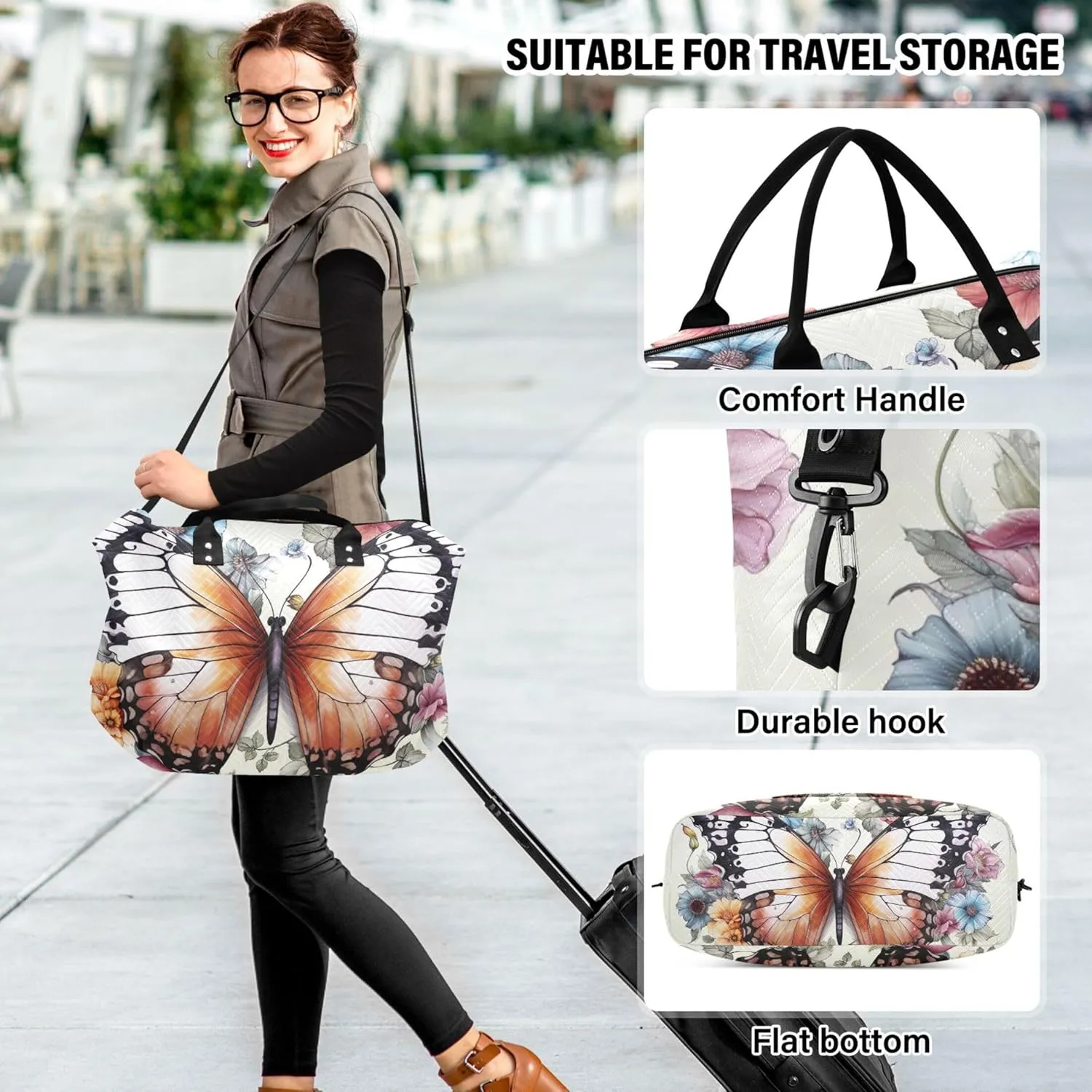 Butterfly Flowers Travel Duffle Bags Makeup Pouch Set of 2, Print Small Duffel Bag Overnight Hospital Bag