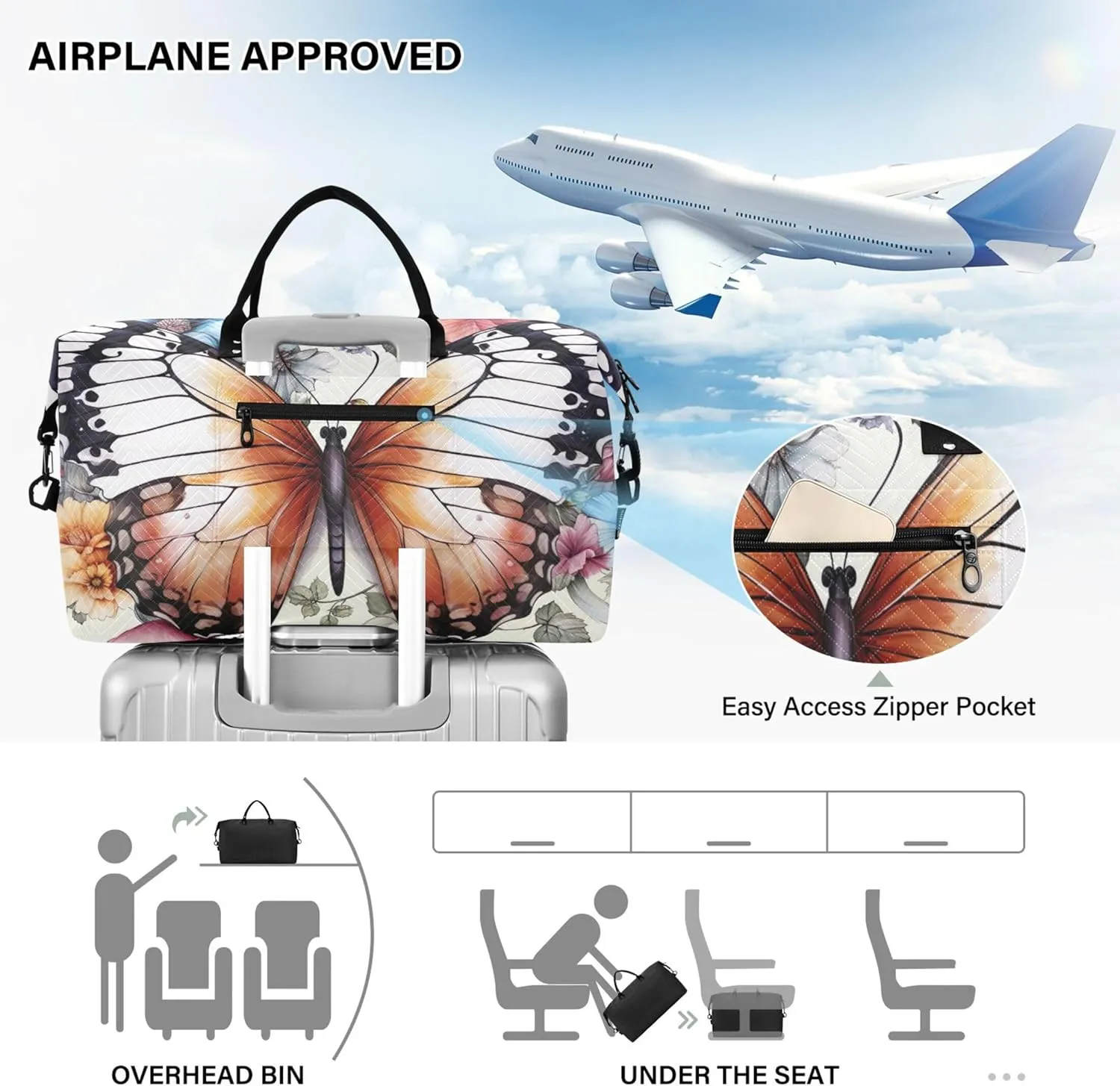 Butterfly Flowers Travel Duffle Bags Makeup Pouch Set of 2, Print Small Duffel Bag Overnight Hospital Bag