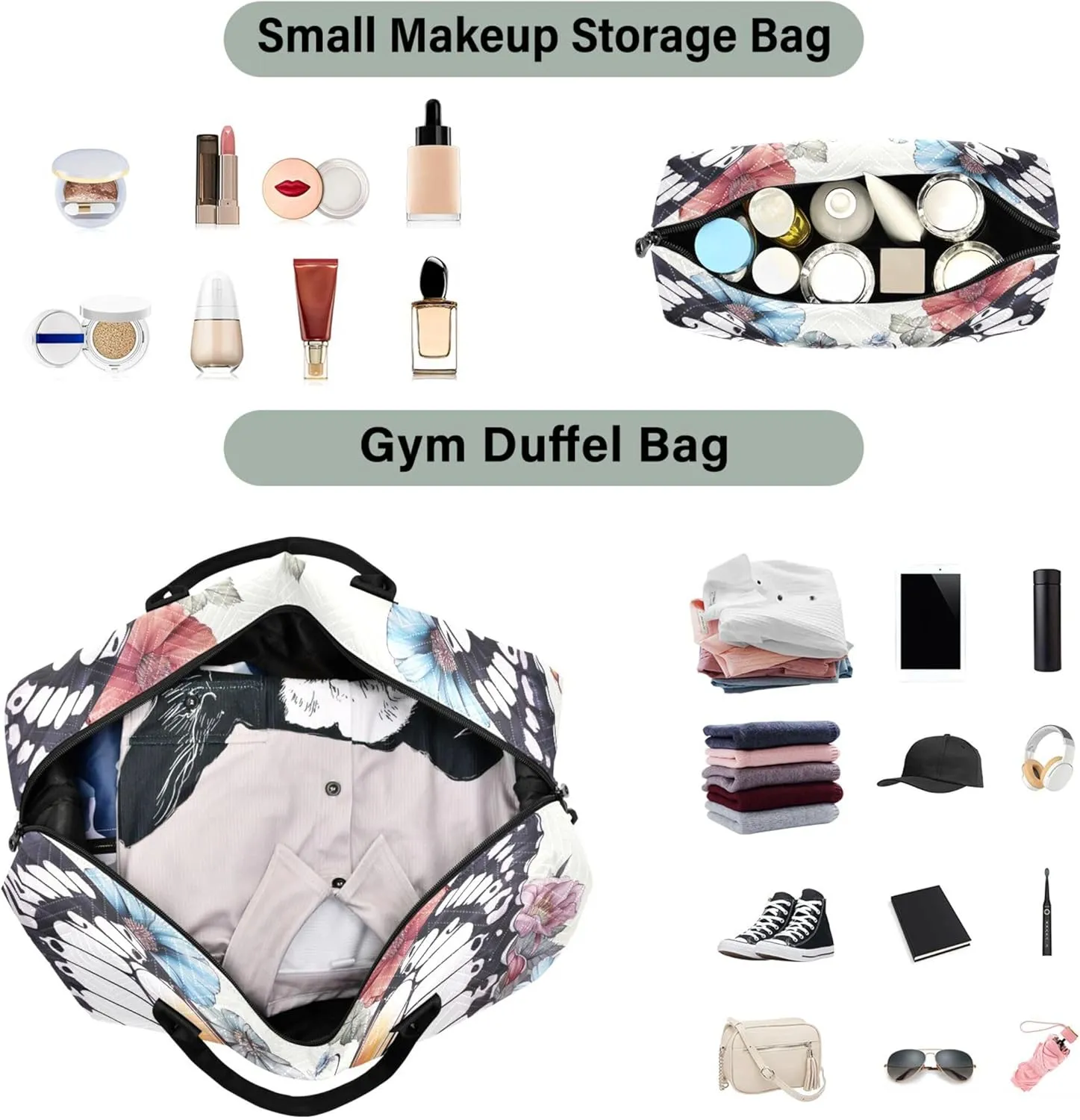 Butterfly Flowers Travel Duffle Bags Makeup Pouch Set of 2, Print Small Duffel Bag Overnight Hospital Bag