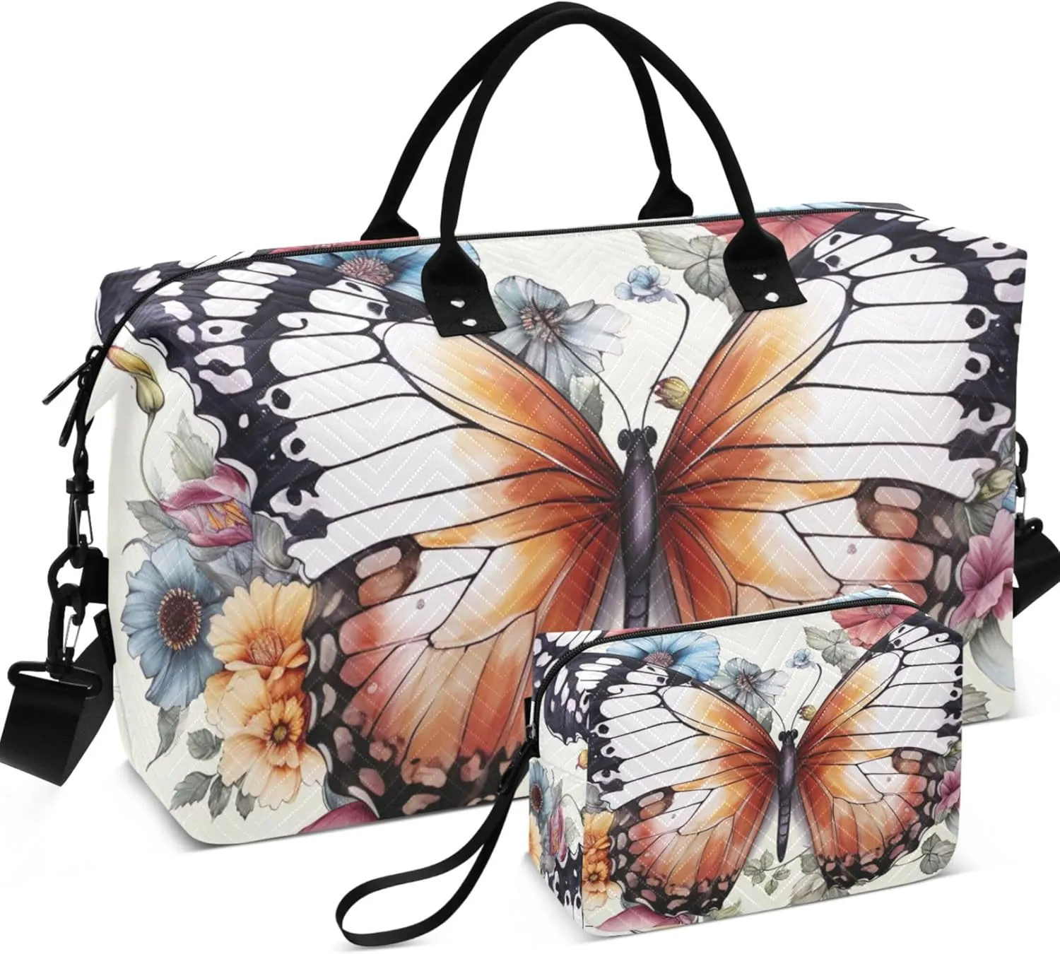 Butterfly Flowers Travel Duffle Bags Makeup Pouch Set of 2, Print Small Duffel Bag Overnight Hospital Bag