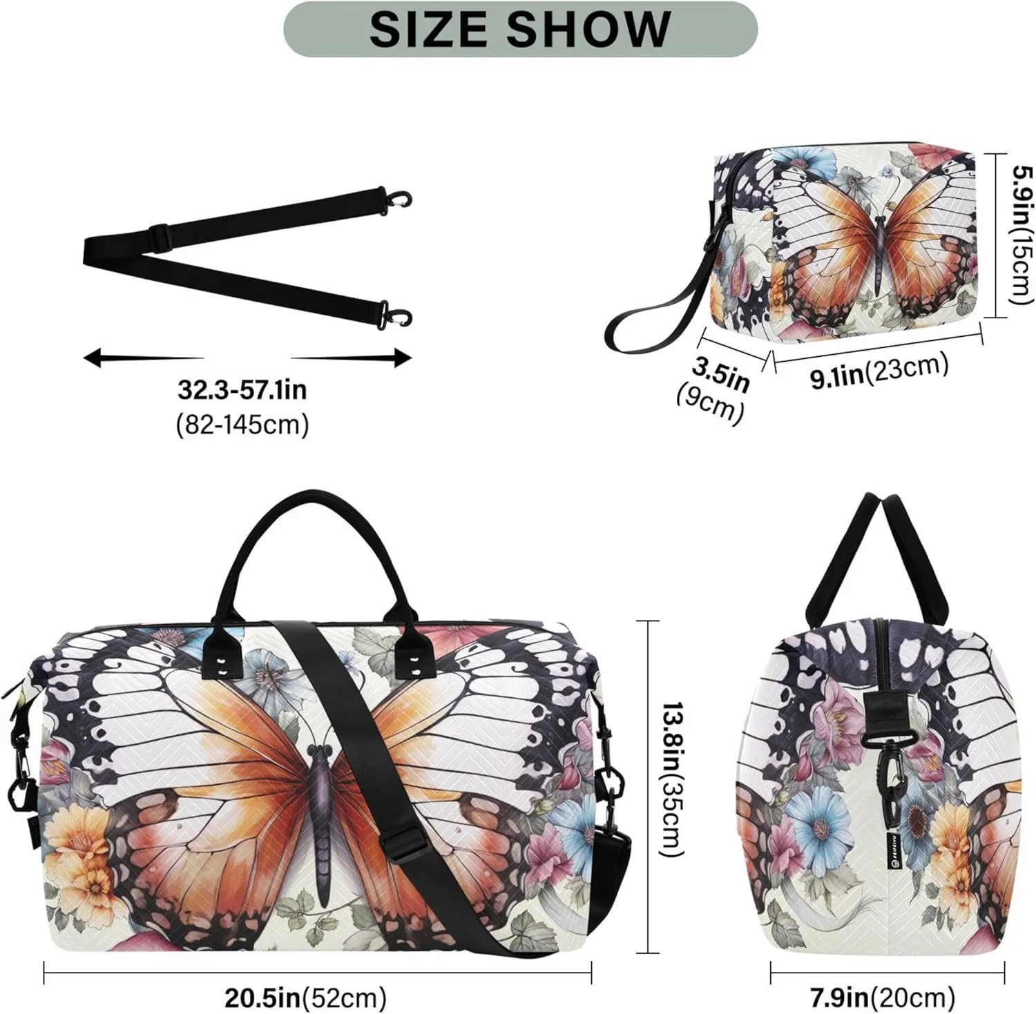 Butterfly Flowers Travel Duffle Bags Makeup Pouch Set of 2, Print Small Duffel Bag Overnight Hospital Bag