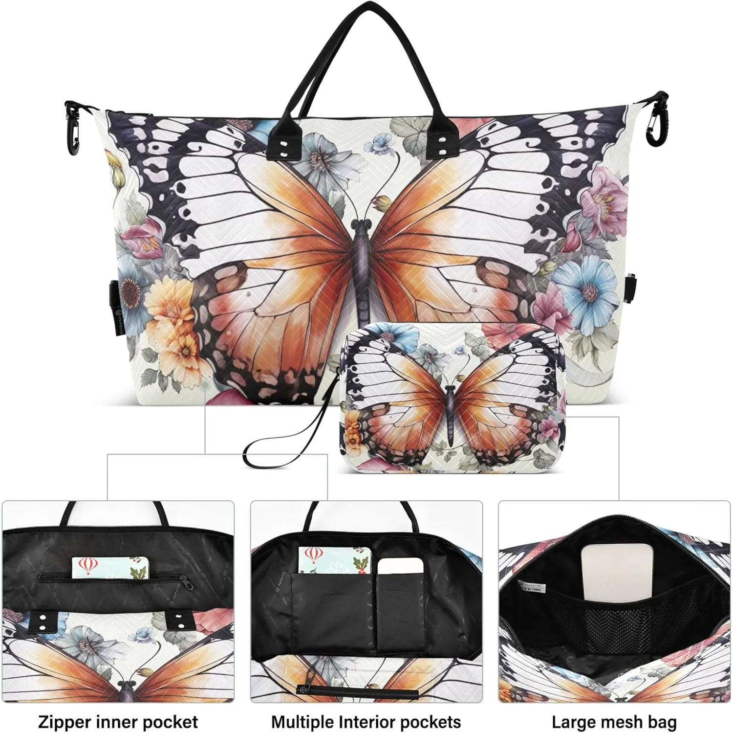 Butterfly Flowers Travel Duffle Bags Makeup Pouch Set of 2, Print Small Duffel Bag Overnight Hospital Bag