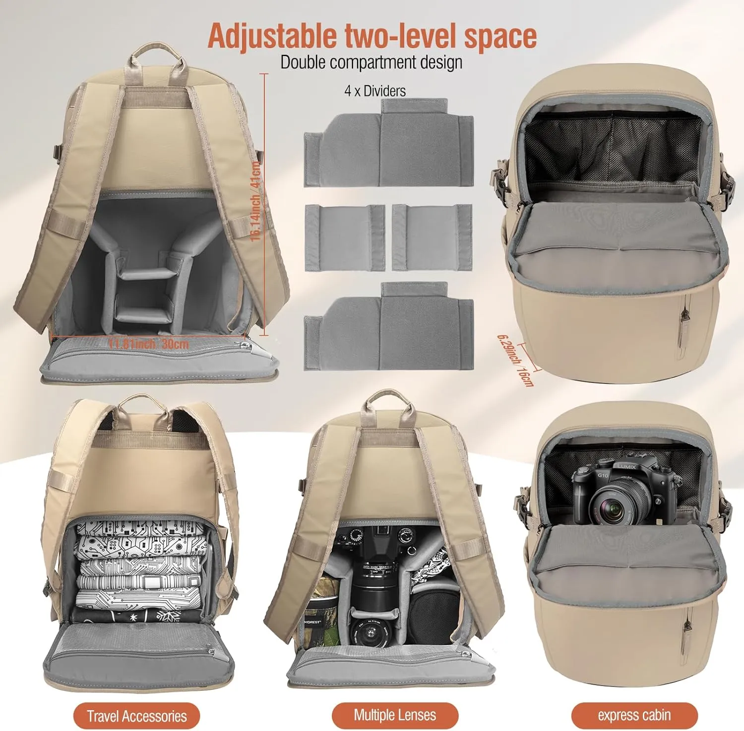 Camera Backpack Bag Professional for DSLR/SLR Mirrorless Camera Waterproof (Khaki)