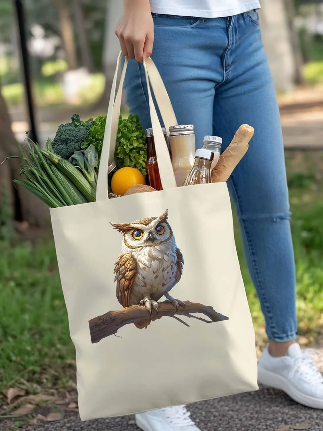 Canvas Tote Bag, Retro Chic Owl on Branch Aesthetic Canvas Tote Handbags for Women Shoulder Bag,