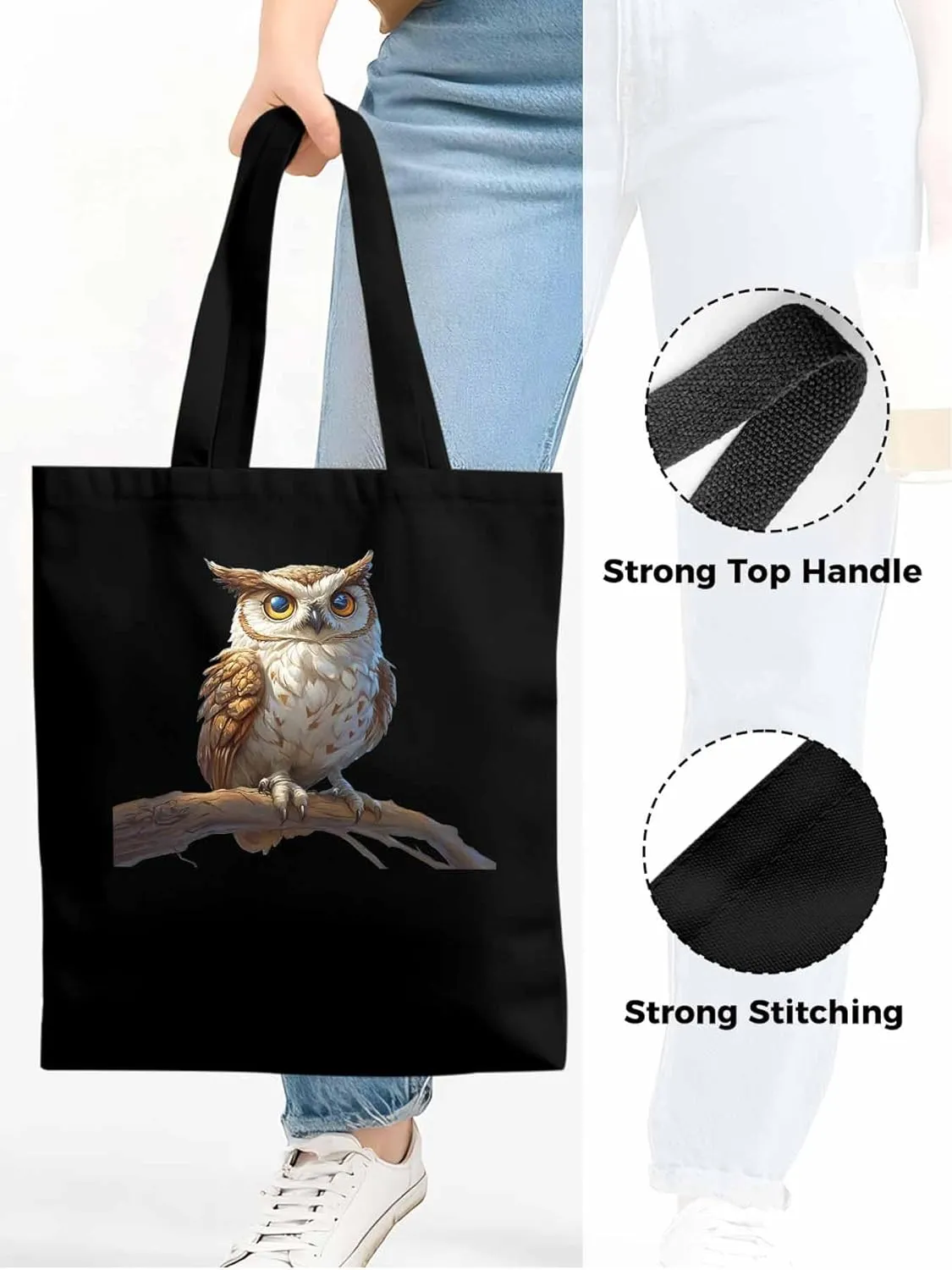 Canvas Tote Bag, Retro Chic Owl on Branch Aesthetic Canvas Tote Handbags for Women Shoulder Bag,