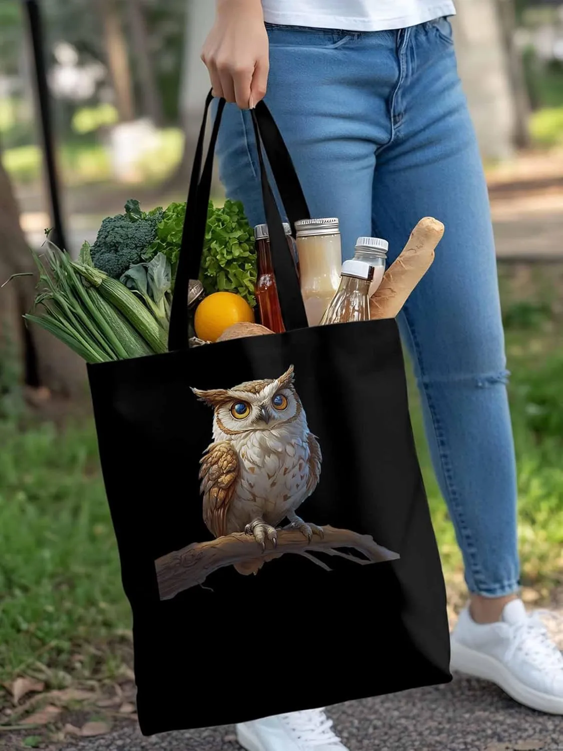 Canvas Tote Bag, Retro Chic Owl on Branch Aesthetic Canvas Tote Handbags for Women Shoulder Bag,