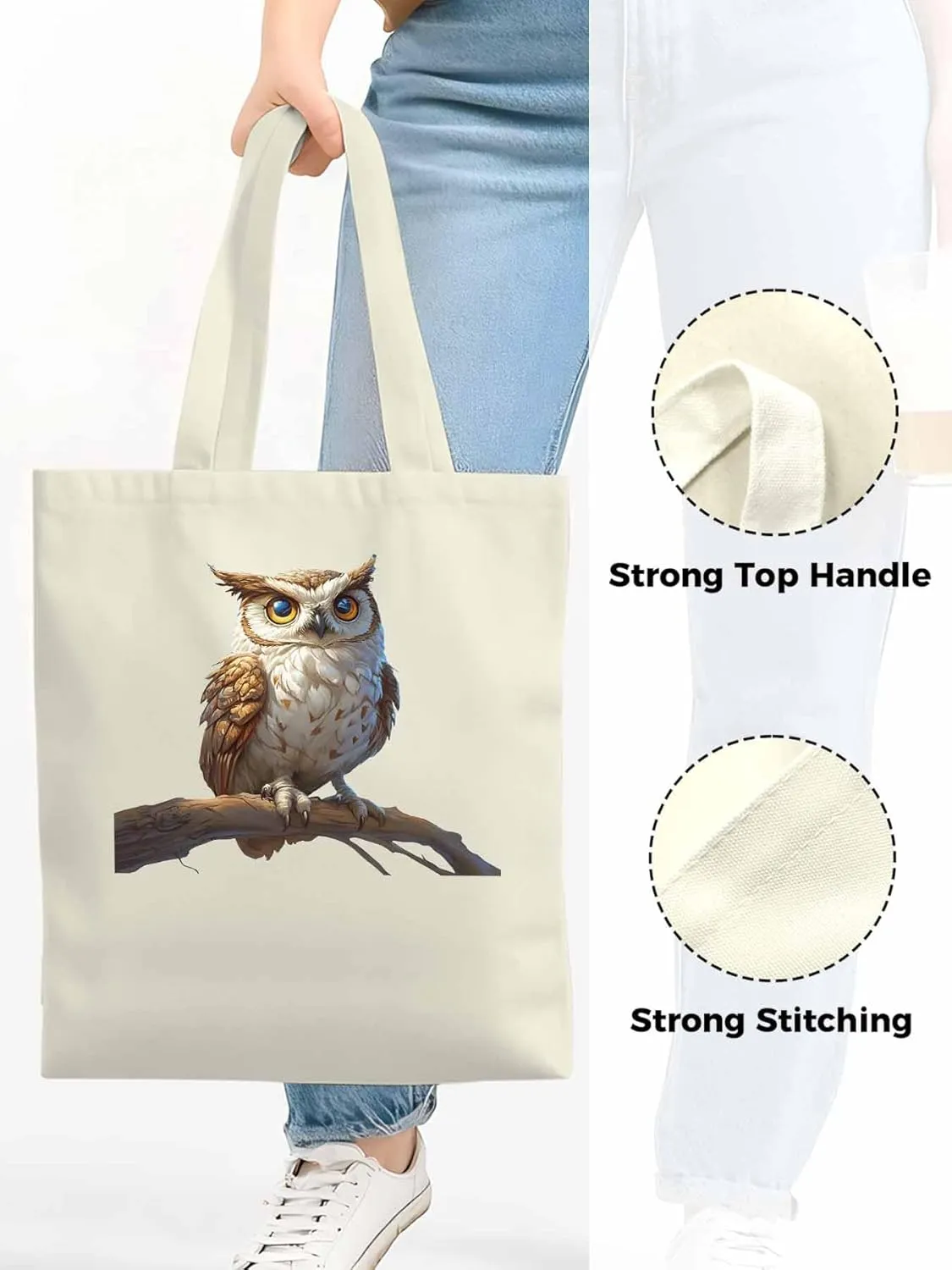 Canvas Tote Bag, Retro Chic Owl on Branch Aesthetic Canvas Tote Handbags for Women Shoulder Bag,