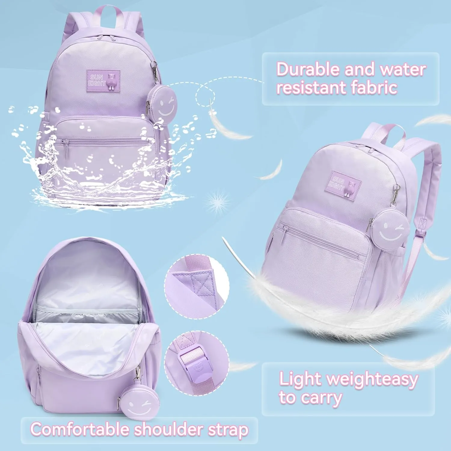 CaranY Waterproof School Backpack for Kids 6-18 | Lightweight Durable Girls & Boys Bookbag with Blinking Zipper Pouch Spacious for School Outdoor Travel(Purple)