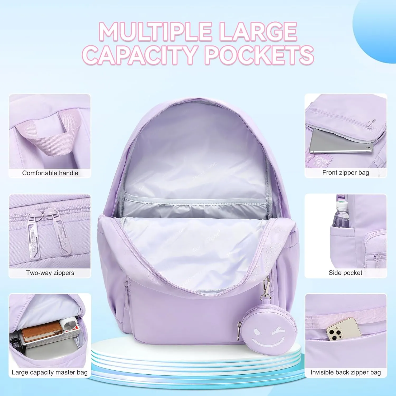 CaranY Waterproof School Backpack for Kids 6-18 | Lightweight Durable Girls & Boys Bookbag with Blinking Zipper Pouch Spacious for School Outdoor Travel(Purple)