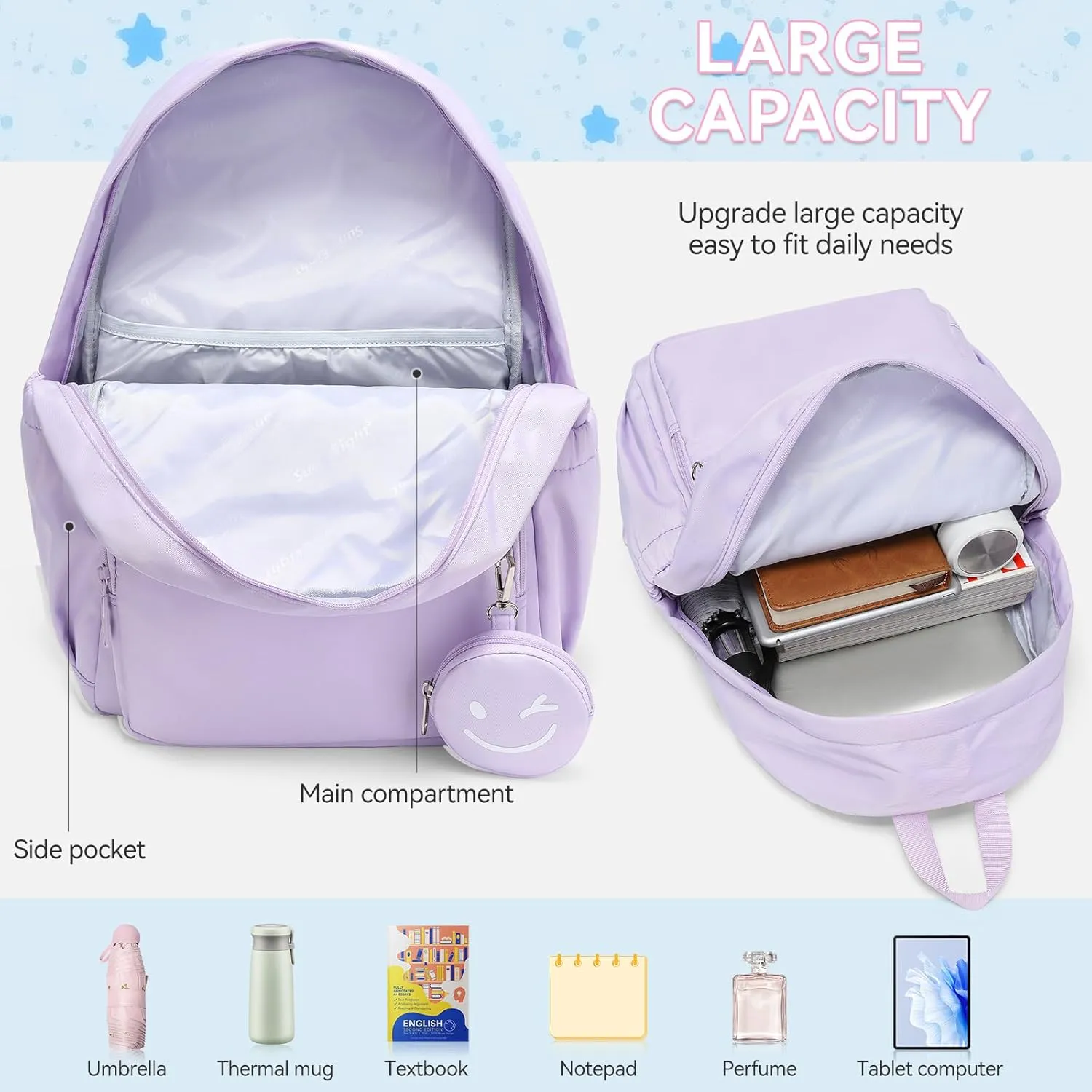 CaranY Waterproof School Backpack for Kids 6-18 | Lightweight Durable Girls & Boys Bookbag with Blinking Zipper Pouch Spacious for School Outdoor Travel(Purple)