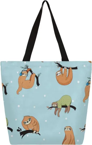 Cartoon Sloth Branch Large Capacity Canvas Tote Bag Stylish Handheld Shoulder Bag Reusable Shopping Bag for Work Travel Beach Trips Shopping