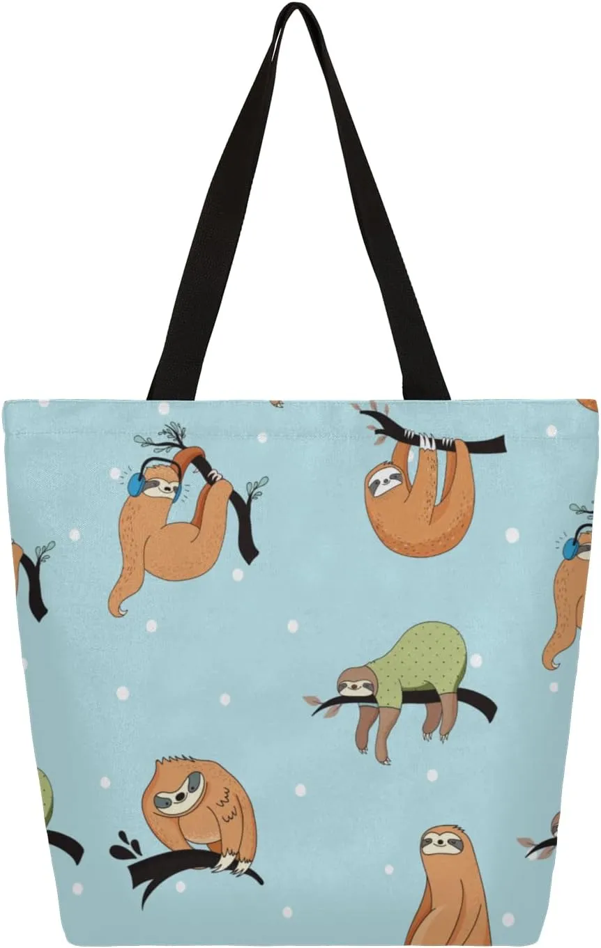 Cartoon Sloth Branch Large Capacity Canvas Tote Bag Stylish Handheld Shoulder Bag Reusable Shopping Bag for Work Travel Beach Trips Shopping