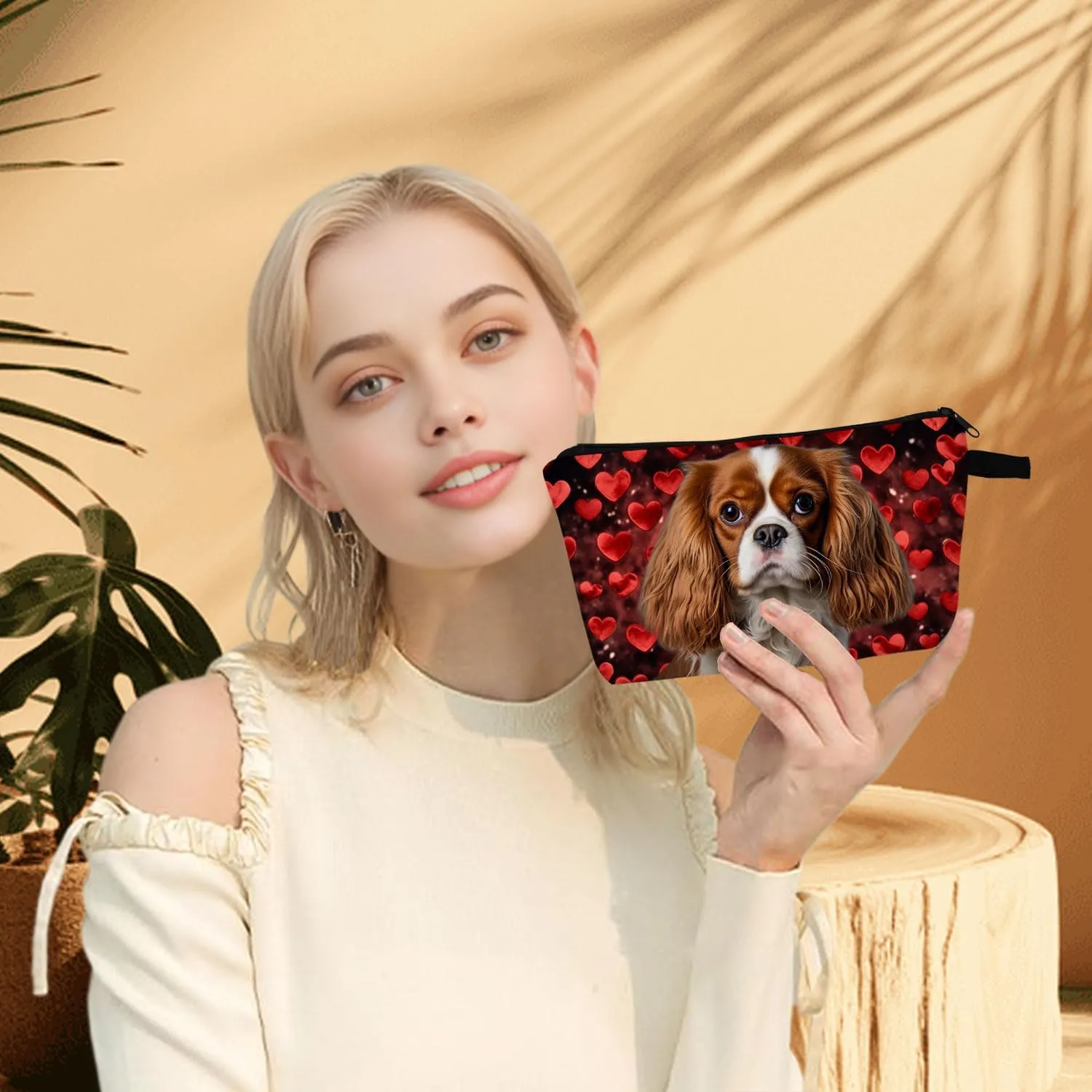 Cavalier King Charles Spaniel Makeup Bag Red Heart Background Adorable Dog Print Cosmetic Pouch for Dog Lovers Travel Toiletry Organizer Gift for Pet Enthusiasts