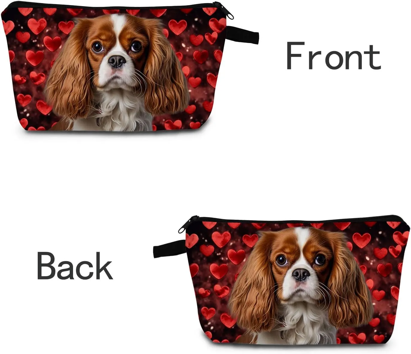 Cavalier King Charles Spaniel Makeup Bag Red Heart Background Adorable Dog Print Cosmetic Pouch for Dog Lovers Travel Toiletry Organizer Gift for Pet Enthusiasts