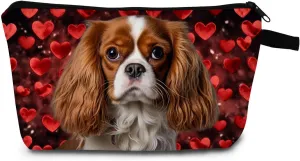 Cavalier King Charles Spaniel Makeup Bag Red Heart Background Adorable Dog Print Cosmetic Pouch for Dog Lovers Travel Toiletry Organizer Gift for Pet Enthusiasts