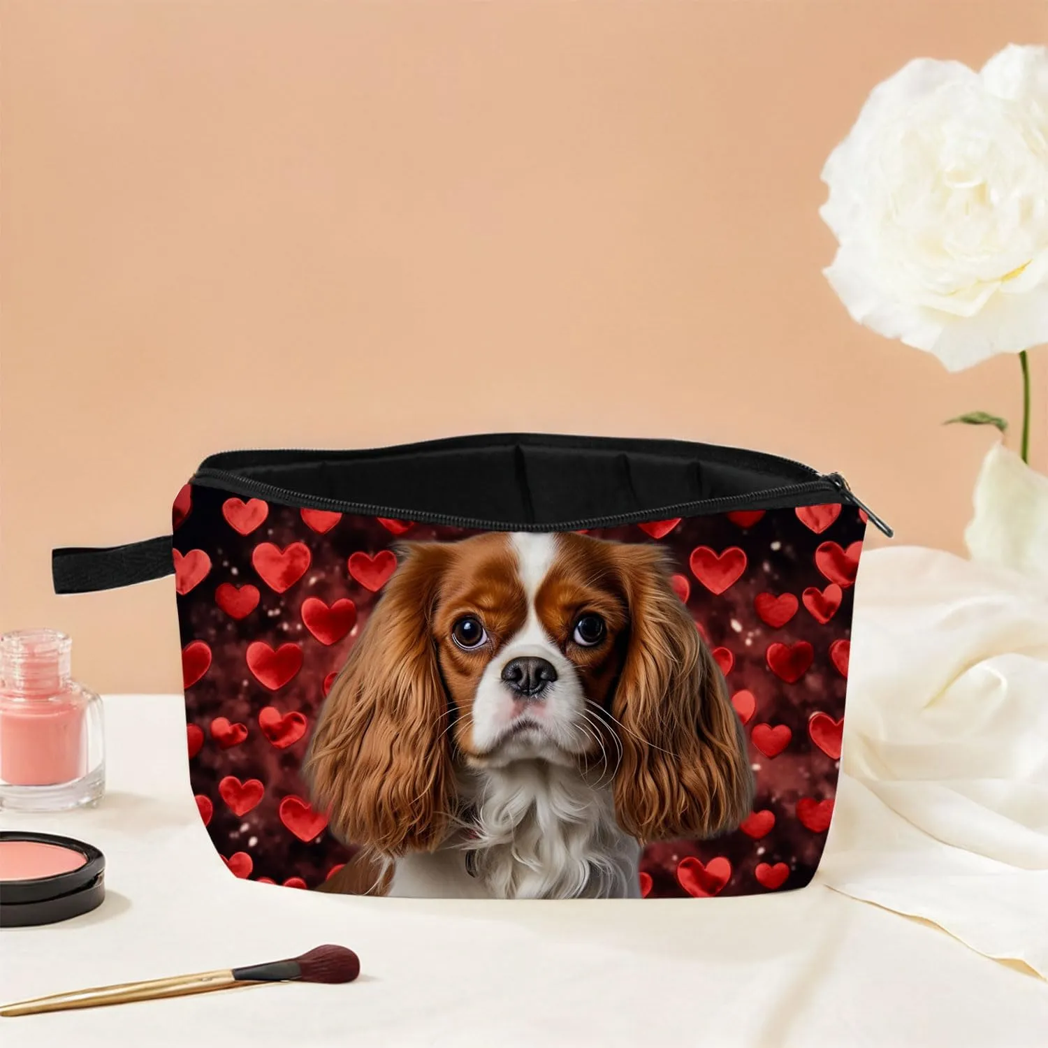 Cavalier King Charles Spaniel Makeup Bag Red Heart Background Adorable Dog Print Cosmetic Pouch for Dog Lovers Travel Toiletry Organizer Gift for Pet Enthusiasts