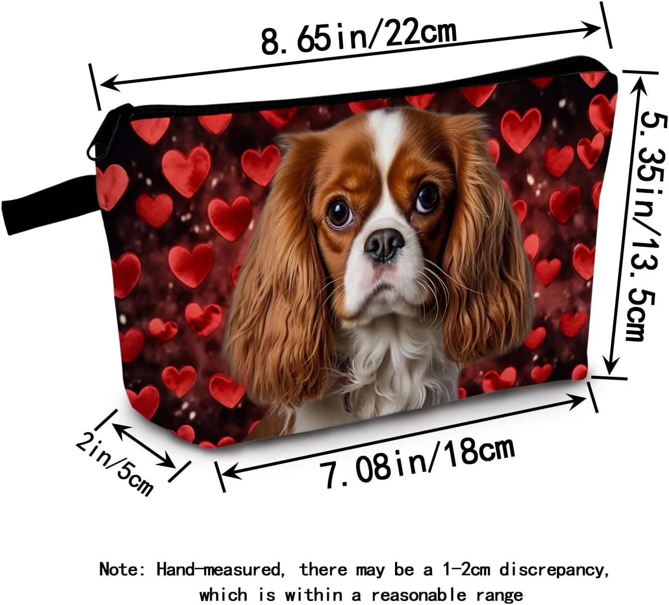 Cavalier King Charles Spaniel Makeup Bag Red Heart Background Adorable Dog Print Cosmetic Pouch for Dog Lovers Travel Toiletry Organizer Gift for Pet Enthusiasts