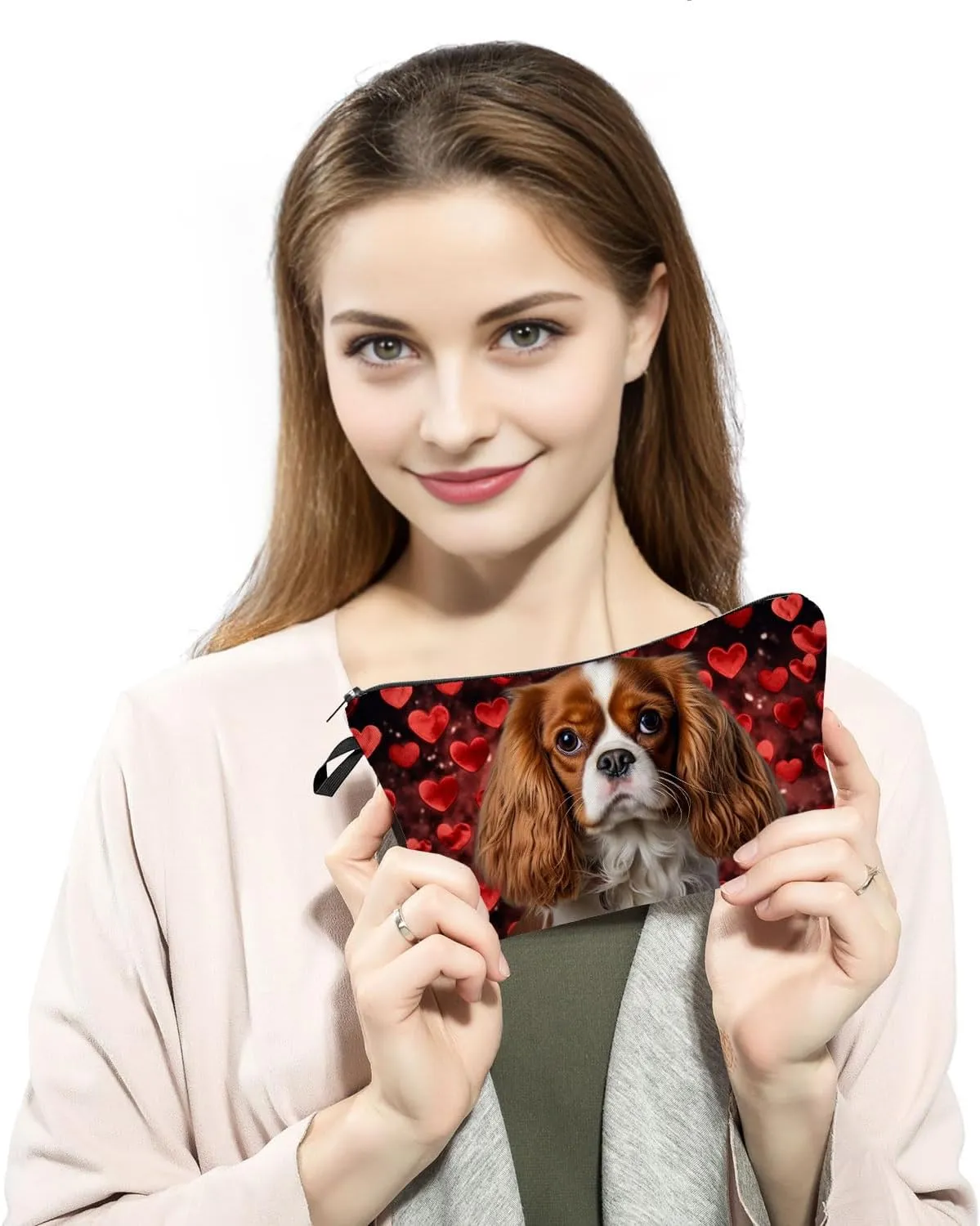Cavalier King Charles Spaniel Makeup Bag Red Heart Background Adorable Dog Print Cosmetic Pouch for Dog Lovers Travel Toiletry Organizer Gift for Pet Enthusiasts