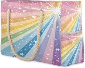 cfpolar Beach Bags for Women, Abstract Star Rainbow Sandproof Beach Bag, Waterproof Tote Pool Swim Bags with Wet Pocket, Travel Reusable Grocery Shopping Shoulder for Weekender Gifts Gym