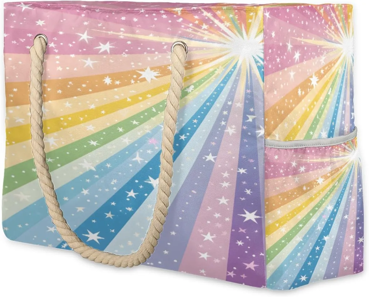 cfpolar Beach Bags for Women, Abstract Star Rainbow Sandproof Beach Bag, Waterproof Tote Pool Swim Bags with Wet Pocket, Travel Reusable Grocery Shopping Shoulder for Weekender Gifts Gym