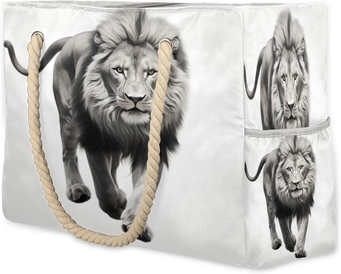 cfpolar Beach Bags for Women, Africa Animal Lion Sandproof Beach Bag, Waterproof Tote Pool Swim Bags with Wet Pocket, Travel Reusable Grocery Shopping Shoulder for Weekender Gifts Gym