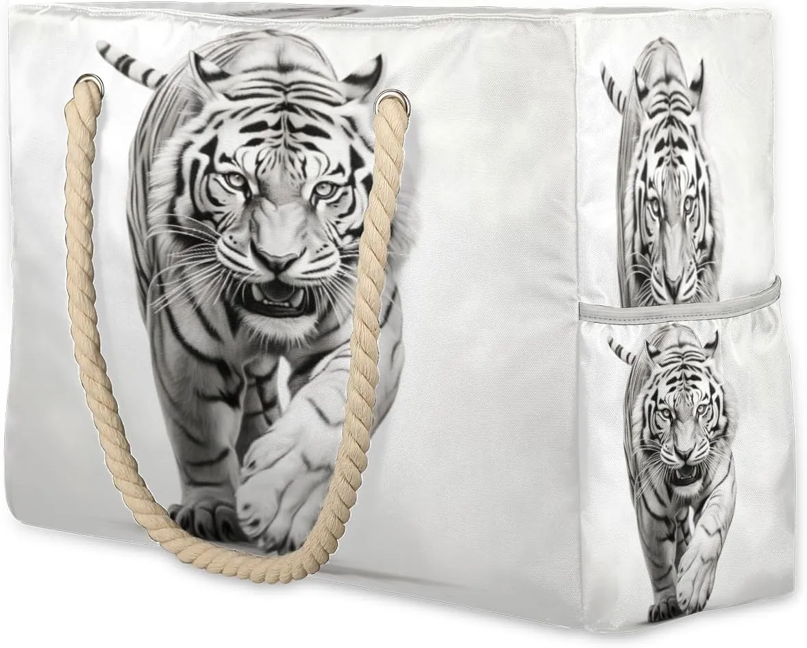 cfpolar Beach Bags for Women, Animal Tiger Pattern Sandproof Beach Bag, Waterproof Tote Pool Swim Bags with Wet Pocket, Travel Reusable Grocery Shopping Shoulder for Weekender Gifts Gym