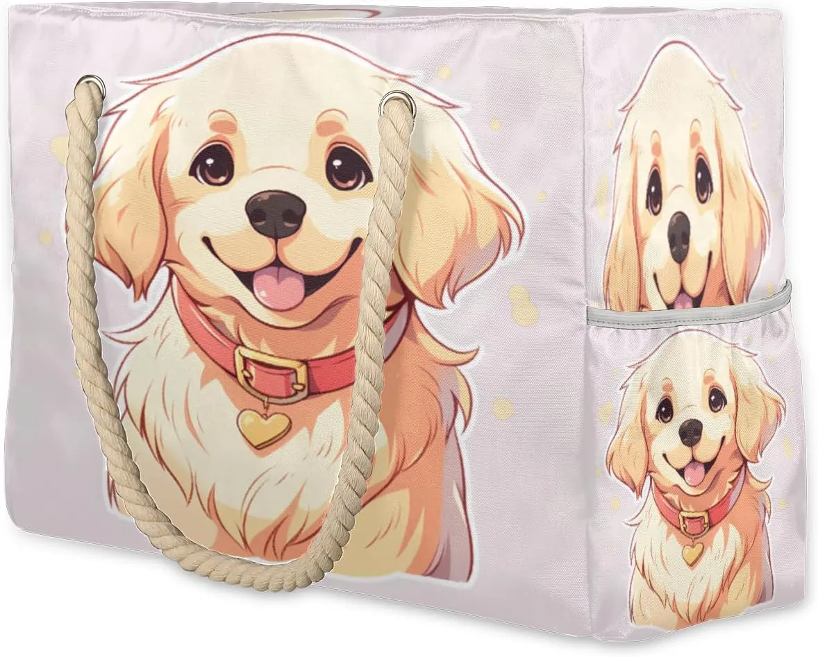 cfpolar Beach Bags for Women, Cute Dog Pattern Sandproof Beach Bag, Waterproof Tote Pool Swim Bags with Wet Pocket, Travel Reusable Grocery Shopping Shoulder for Weekender Gifts Gym