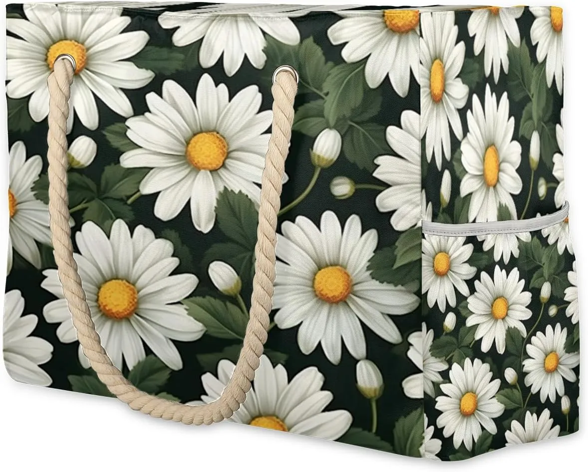 cfpolar Beach Bags for Women, Daisy Flower Sandproof Beach Bag, Waterproof Tote Pool Swim Bags with Wet Pocket, Travel Reusable Grocery Shopping Shoulder for Weekender Gifts Gym