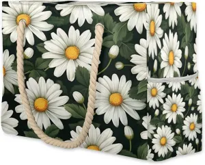cfpolar Beach Bags for Women, Daisy Flower Sandproof Beach Bag, Waterproof Tote Pool Swim Bags with Wet Pocket, Travel Reusable Grocery Shopping Shoulder for Weekender Gifts Gym