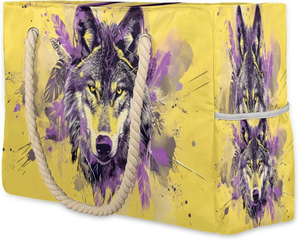 cfpolar Beach Bags for Women, Feather Wolf Sandproof Beach Bag, Waterproof Tote Pool Swim Bags with Wet Pocket, Travel Reusable Grocery Shopping Shoulder for Weekender Gifts Gym