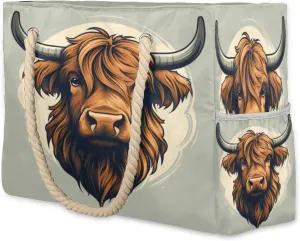 cfpolar Beach Bags for Women, Highland Cow Portrait Sandproof Beach Bag, Waterproof Tote Pool Swim Bags with Wet Pocket, Travel Reusable Grocery Shopping Shoulder for Weekender Gifts Gym,A23