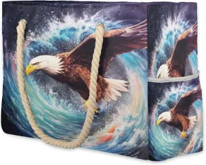 cfpolar Beach Bags for Women, Ocean Eagle Sandproof Beach Bag, Waterproof Tote Pool Swim Bags with Wet Pocket, Travel Reusable Grocery Shopping Shoulder for Weekender Gifts Gym