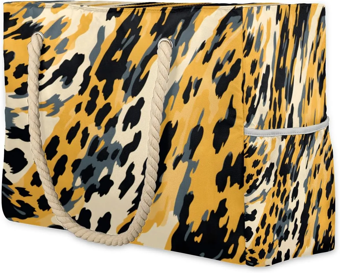 cfpolar Beach Bags for Women, Sandproof Beach Bag, Abstract Leopard Print Waterproof Tote Pool Swim Bags with Wet Pocket, Travel Reusable Grocery Shopping Shoulder for Weekender Gifts Gym