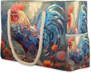 cfpolar Beach Bags for Women, Sandproof Beach Bag, Beautiful Rooster Waterproof Tote Pool Swim Bags with Wet Pocket, Travel Reusable Grocery Shopping Shoulder for Weekender Gifts Gym
