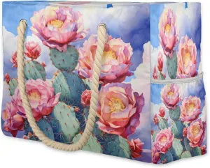cfpolar Beach Bags for Women, Sandproof Beach Bag, Cactus Floral Waterproof Tote Pool Swim Bags with Wet Pocket, Travel Reusable Grocery Shopping Shoulder for Weekender Gifts Gym