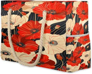 cfpolar Beach Bags for Women, Sandproof Beach Bag, Flower Poppy Art Waterproof Tote Pool Swim Bags with Wet Pocket, Travel Reusable Grocery Shopping Shoulder for Weekender Gifts Gym