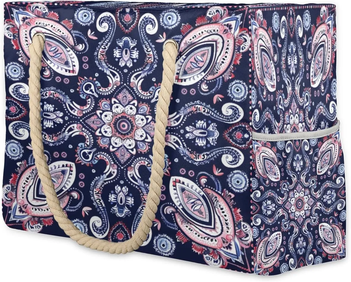cfpolar Beach Bags for Women, Sandproof Beach Bag, Mandala Bohemian Flower Waterproof Tote Pool Swim Bags with Wet Pocket, Travel Reusable Grocery Shopping Shoulder for Weekender Gifts Gym